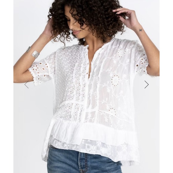 Johnny Was White Hyacinth Blouse Eyelet Lace Large short Sleeve Top Button Boho - Picture 4 of 16